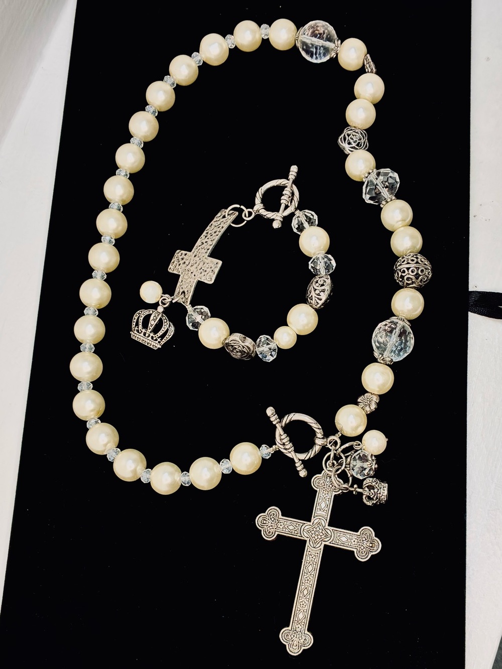 Handcrafted Cream Pearl and Silver Cross Necklace with Matching Bracelet